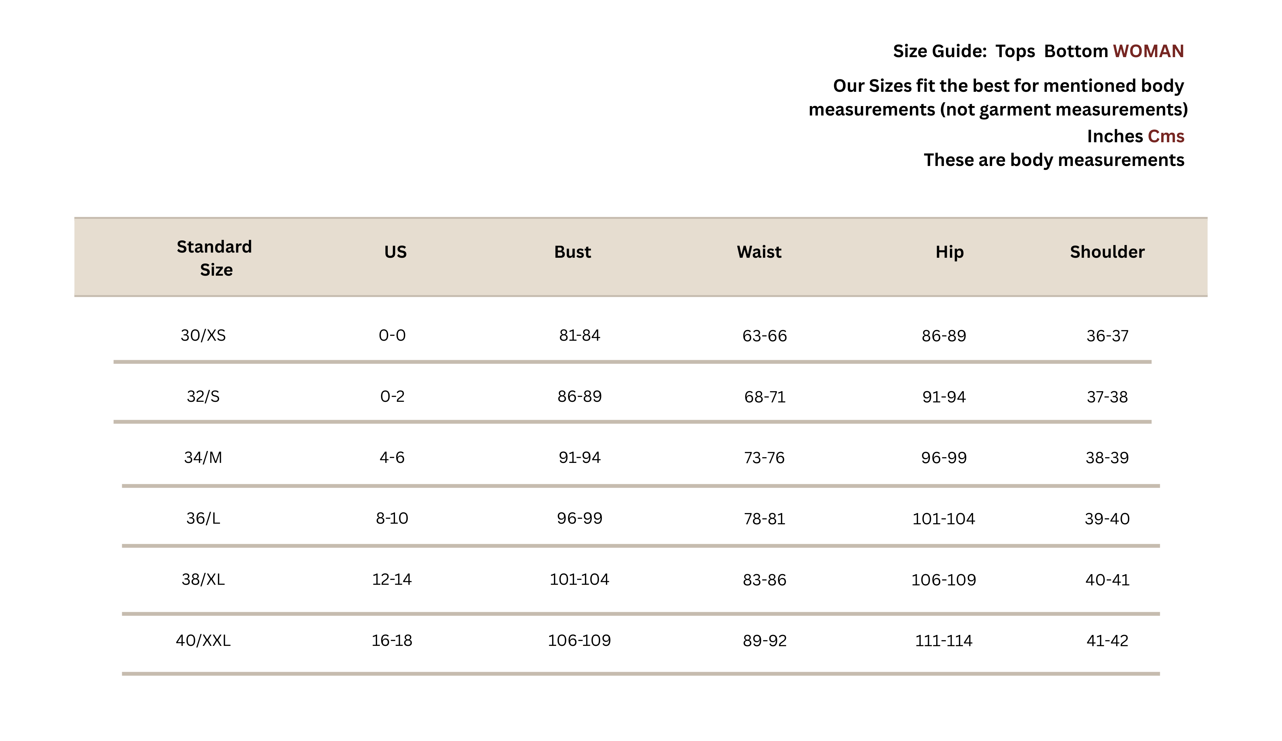 Women CMS Size Guide